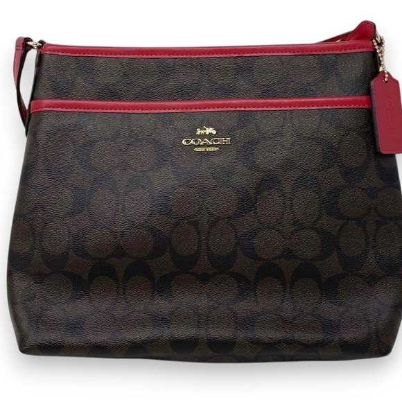 Coach Signature File Crossbody Brown Red Canvas Leather Bag